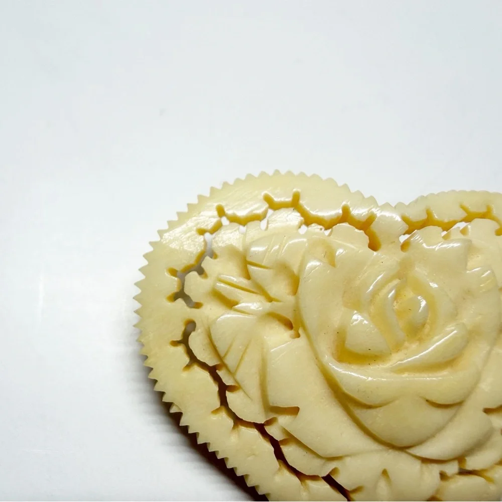 Vintage Celluloid Carved Floral Rose Heart Brooch